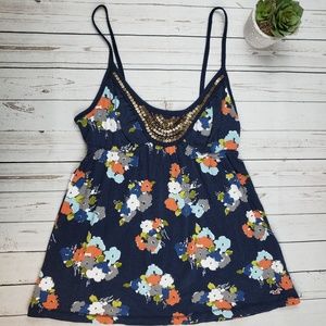 Hollister Blue Floral Embellished Babydoll Tank